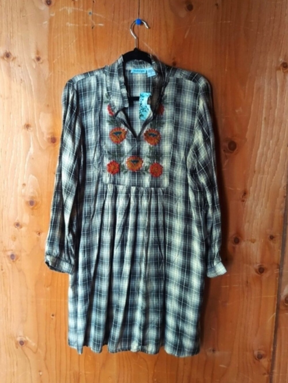 Nostalgia Brown Plaid Floral Embroidered Dress